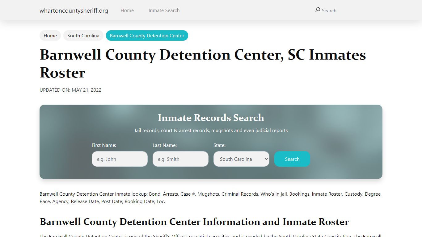 Barnwell County Detention Center, SC Jail Roster, Name Search